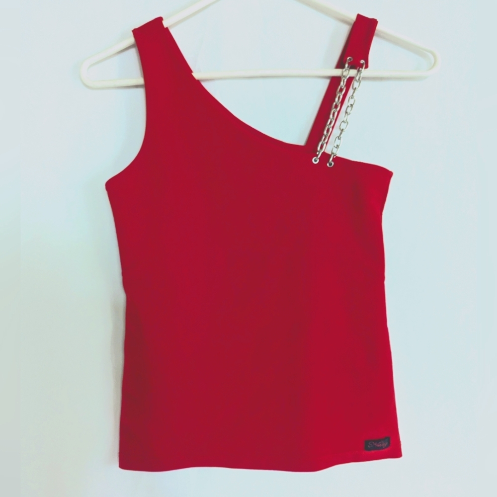 Women's Small Stretchy Top Chain Shoulder Red Asymmetrical Cut Out Tank Top